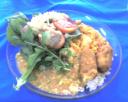 20080222 - arroz, cação, pirão, rúcula, bolinho de bacalhau, tomate e couve flor